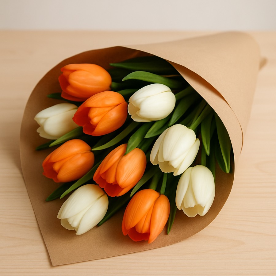 Boeket tulpen in kraftpapier